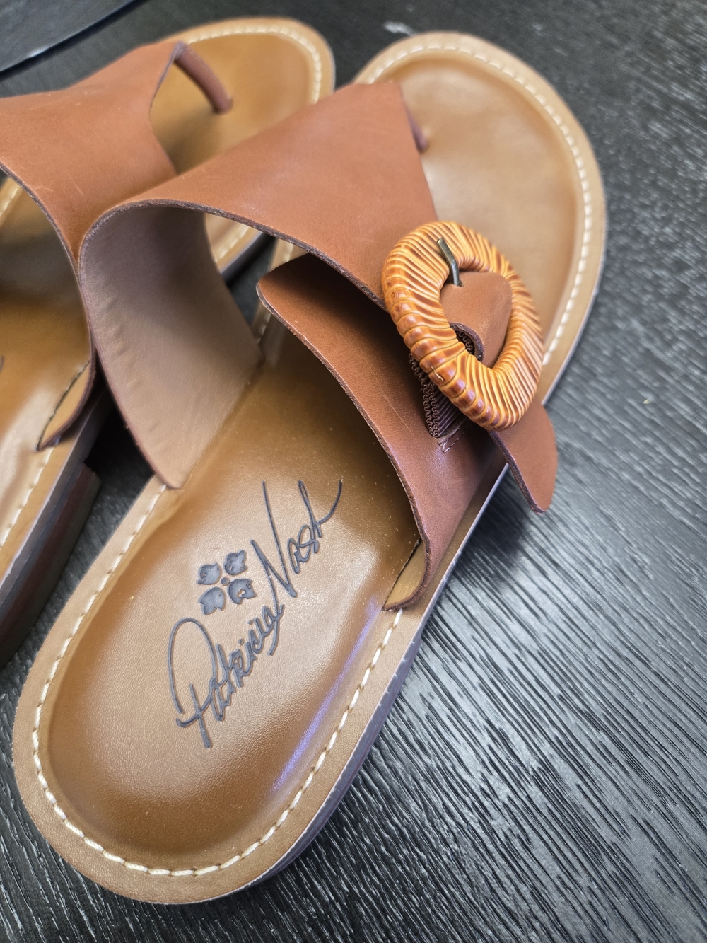 Patricia Nash Cognac Leather Thong Sandals with Woven Buckle - Picture 4 of 4